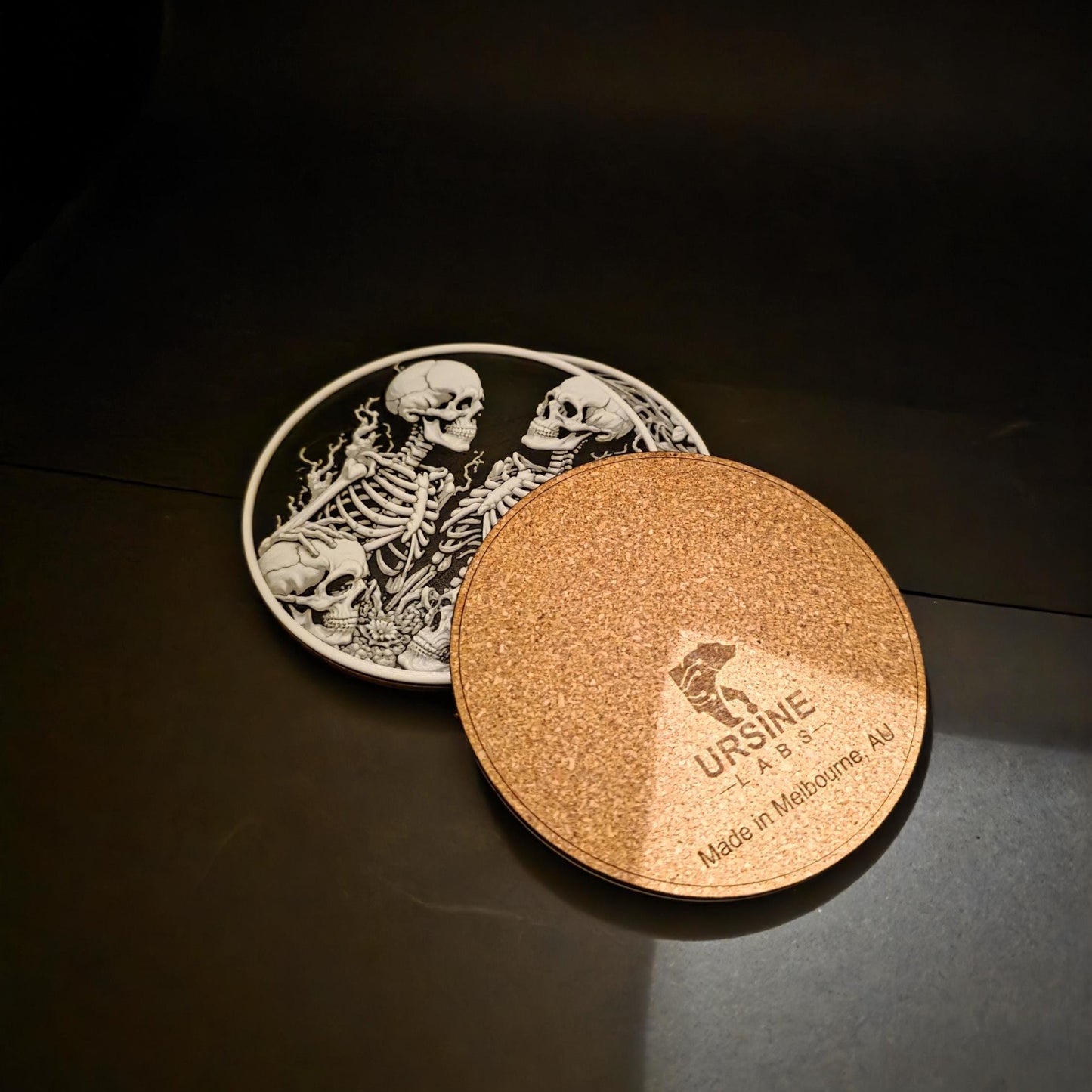Skeleton Lovers Coaster Set (6) with Stand – Gothic Skull Decor – Optional Glow in the Dark – Handmade in Melbourne