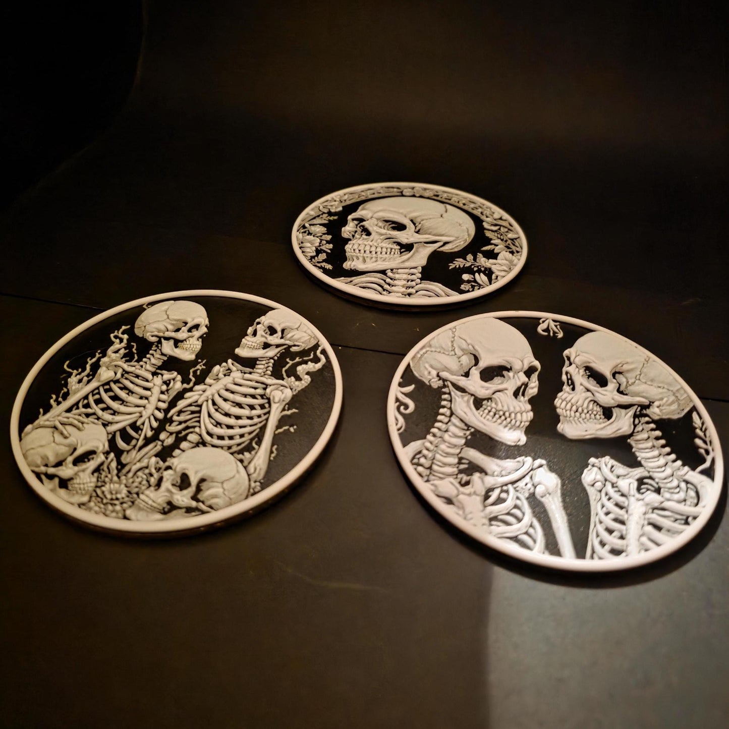 Skeleton Lovers Coaster Set (6) with Stand – Gothic Skull Decor – Optional Glow in the Dark – Handmade in Melbourne