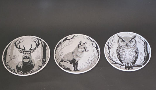 Woodland Creatures Coaster Set – Laser-Etched Cork Backed – Set of 6 | Forest Animal Drink Coasters | Rustic Home Decor Gift
