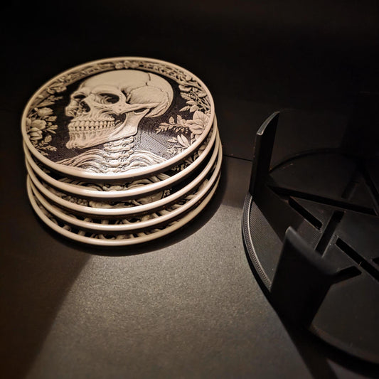 Skeleton Lovers Coaster Set (6) with Stand – Gothic Skull Decor – Optional Glow in the Dark – Handmade in Melbourne
