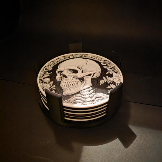 Skeleton Lovers Coaster Set (6) with Stand – Gothic Skull Decor – Optional Glow in the Dark – Handmade in Melbourne