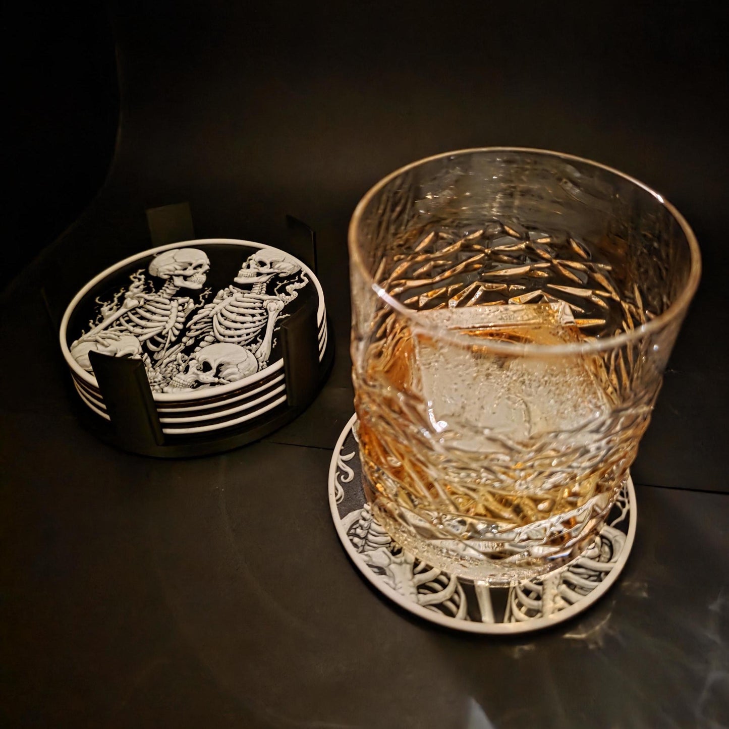 Skeleton Lovers Coaster Set (6) with Stand – Gothic Skull Decor – Optional Glow in the Dark – Handmade in Melbourne