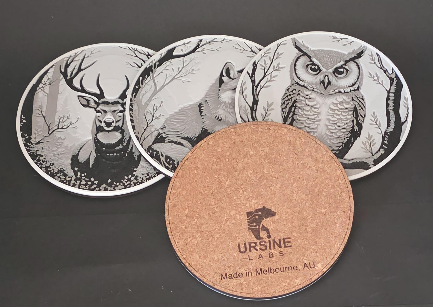 Woodland Creatures Coaster Set ā Laser-Etched Cork Backed ā Set of 6 | Forest Animal Drink Coasters | Rustic Home Decor Gift